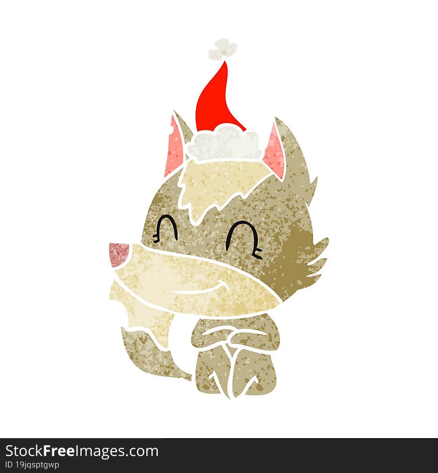 friendly retro cartoon of a wolf wearing santa hat