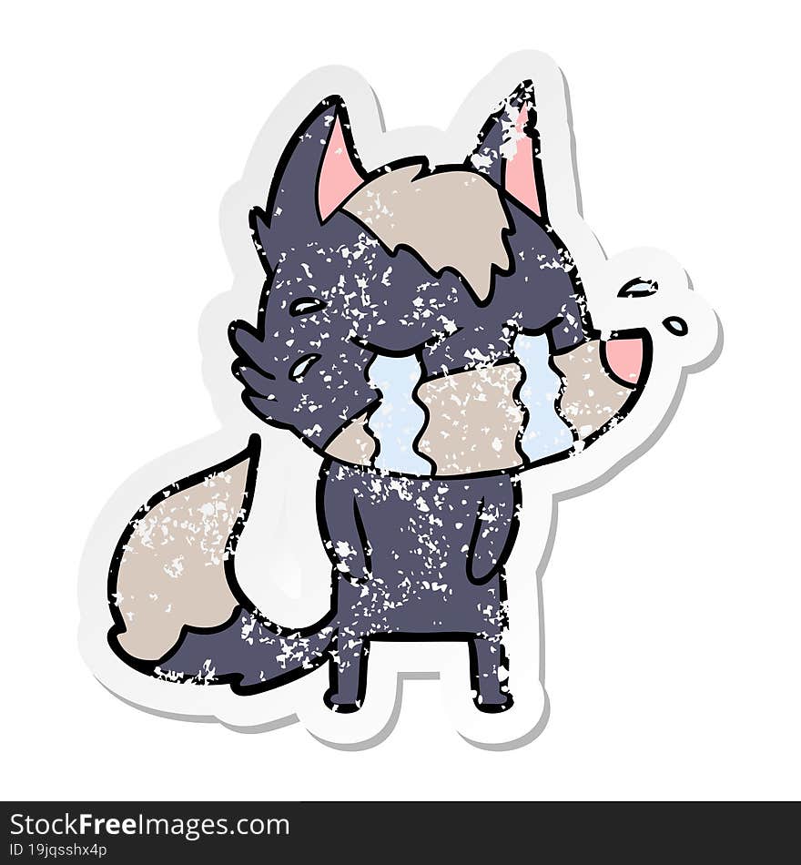 distressed sticker of a cartoon crying wolf