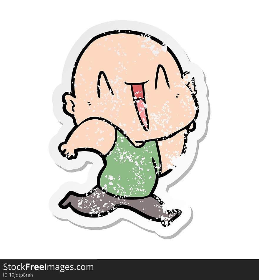 distressed sticker of a happy cartoon bald man