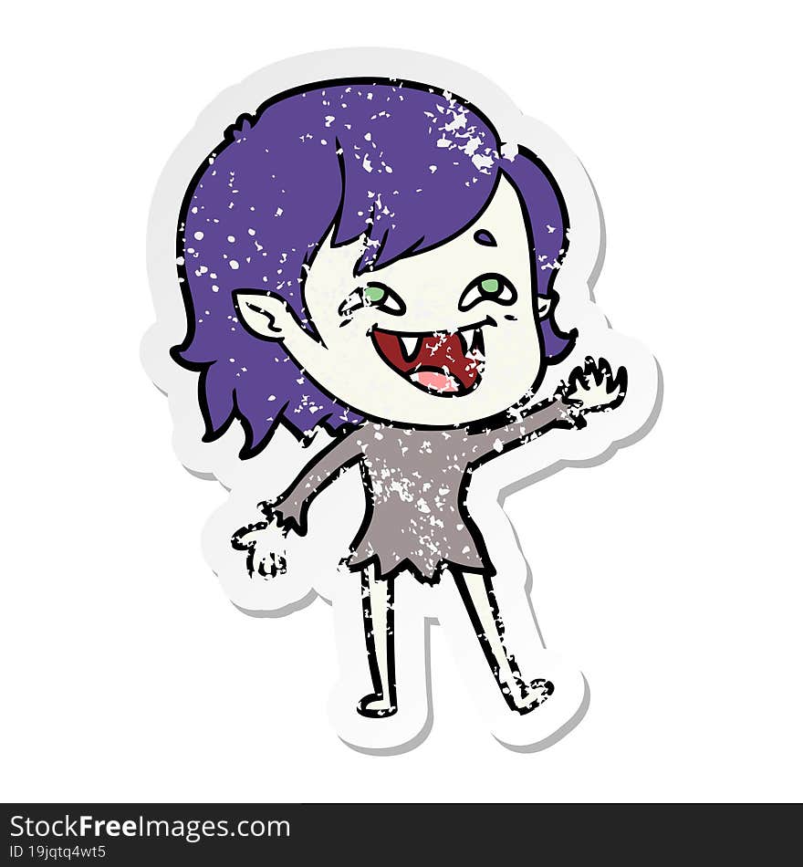 distressed sticker of a cartoon laughing vampire girl