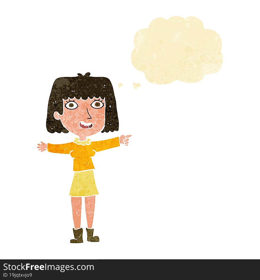 cartoon happy woman pointing with thought bubble