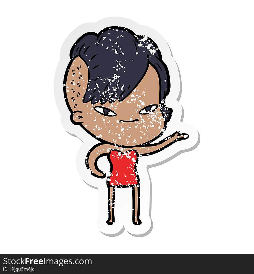 Distressed Sticker Of A Cute Cartoon Girl With Hipster Haircut