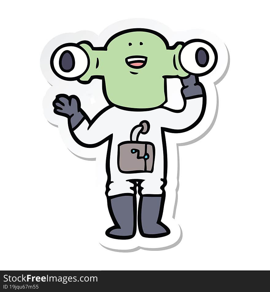 sticker of a friendly cartoon alien waving