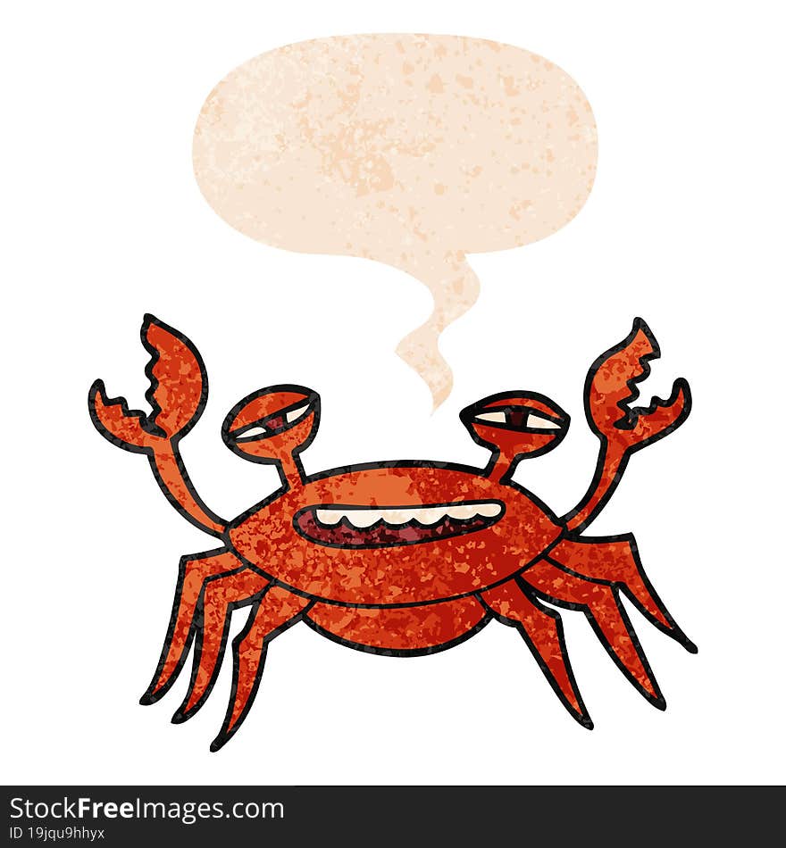 cartoon crab and speech bubble in retro textured style