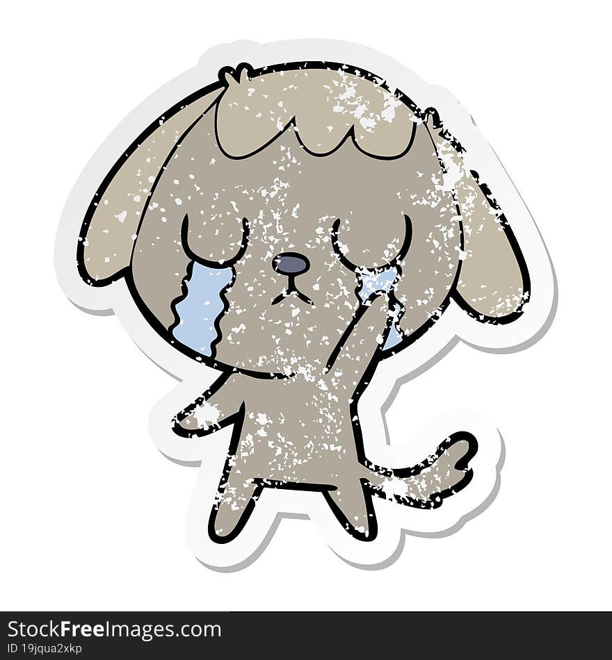 Distressed Sticker Of A Cute Cartoon Dog Crying