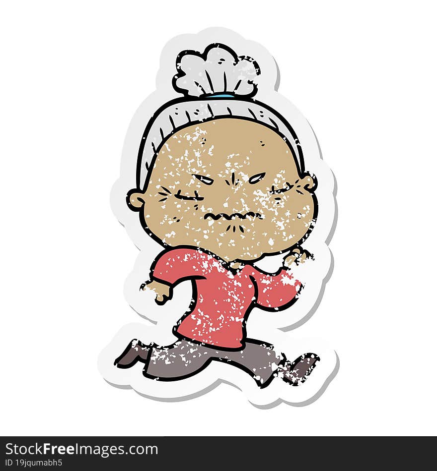 Distressed Sticker Of A Cartoon Annoyed Old Lady