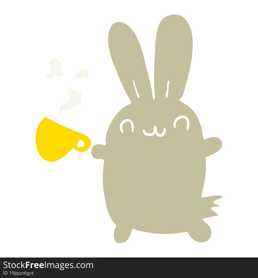 cute flat color style cartoon rabbit drinking coffee