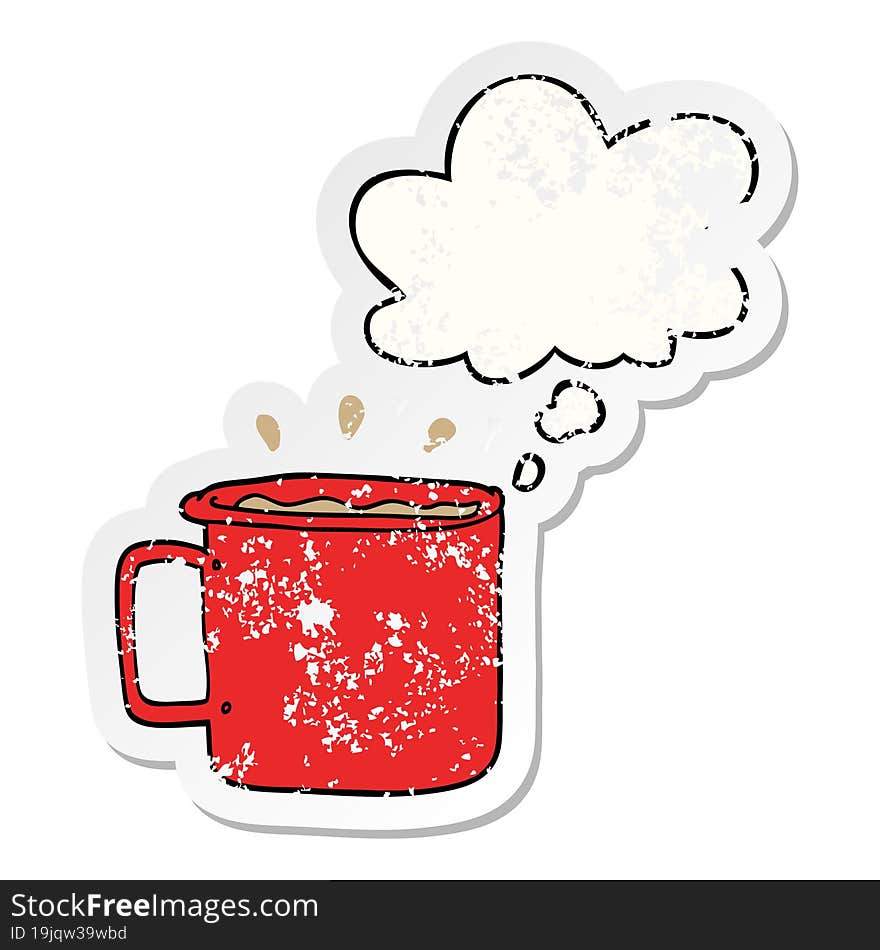 cartoon camping cup of coffee with thought bubble as a distressed worn sticker