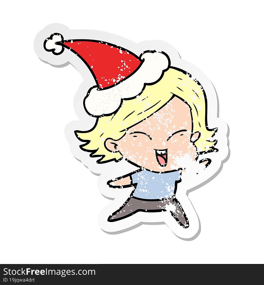 happy distressed sticker cartoon of a girl wearing santa hat