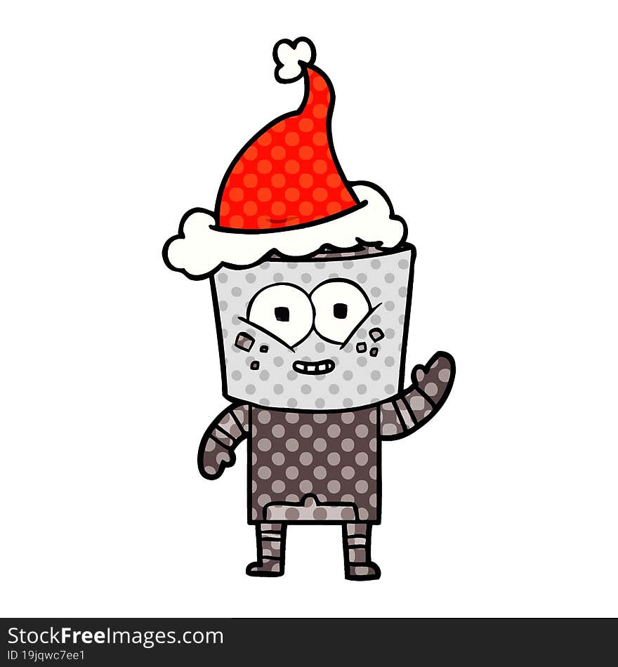 happy hand drawn comic book style illustration of a robot waving hello wearing santa hat