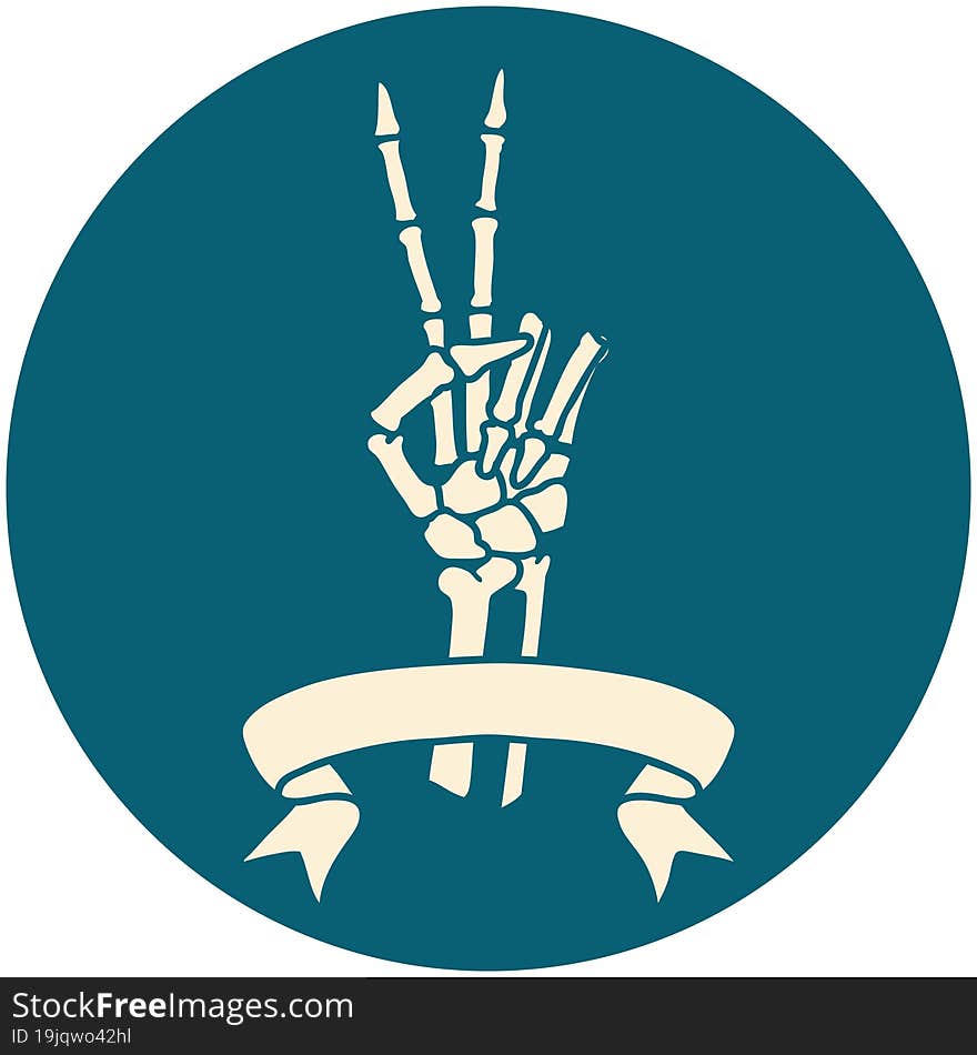 tattoo style icon with banner of a skeleton giving a peace sign. tattoo style icon with banner of a skeleton giving a peace sign