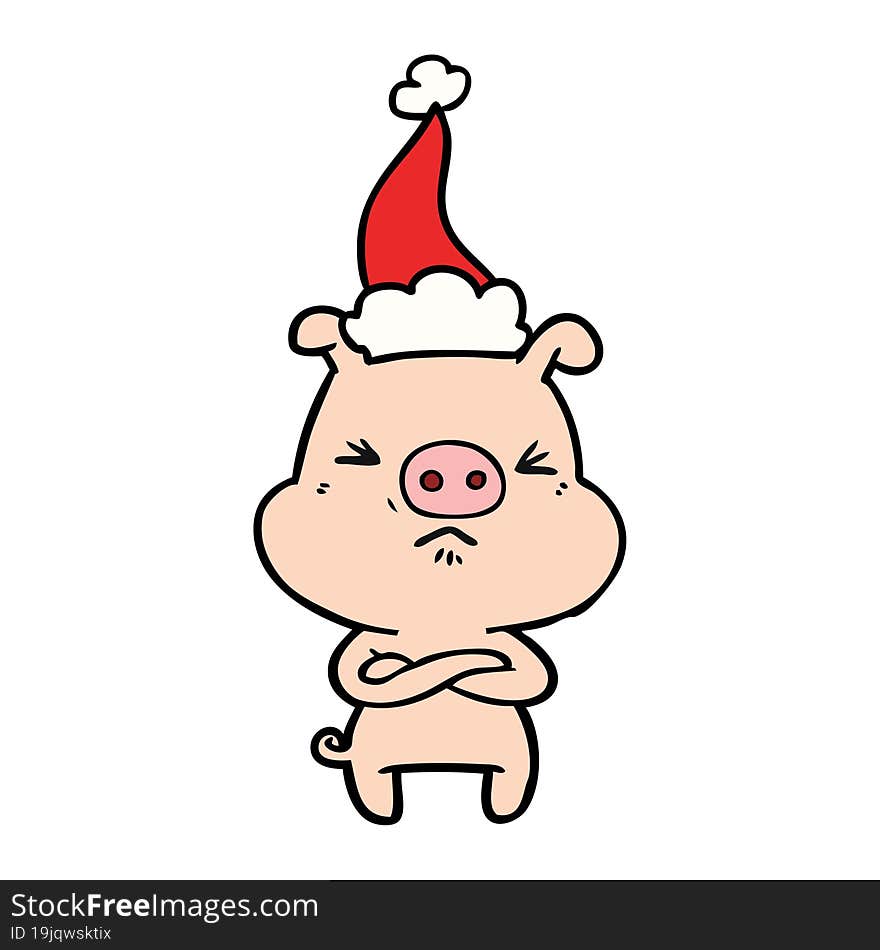 line drawing of a angry pig wearing santa hat