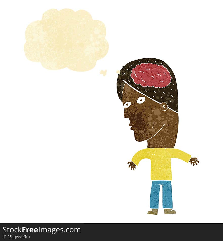 cartoon man with brain symbol with thought bubble