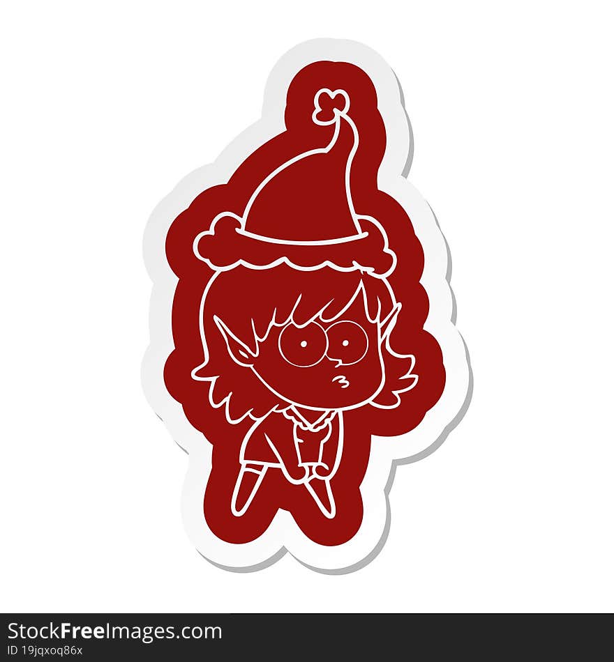 cartoon  sticker of a elf girl staring and crouching wearing santa hat