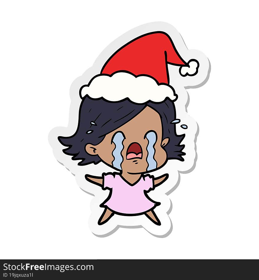 hand drawn sticker cartoon of a woman crying wearing santa hat