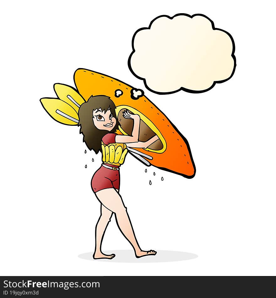 cartoon woman carrying canoe with thought bubble