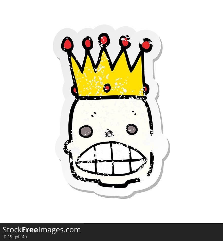 distressed sticker of a cartoon spooky skull face with crown