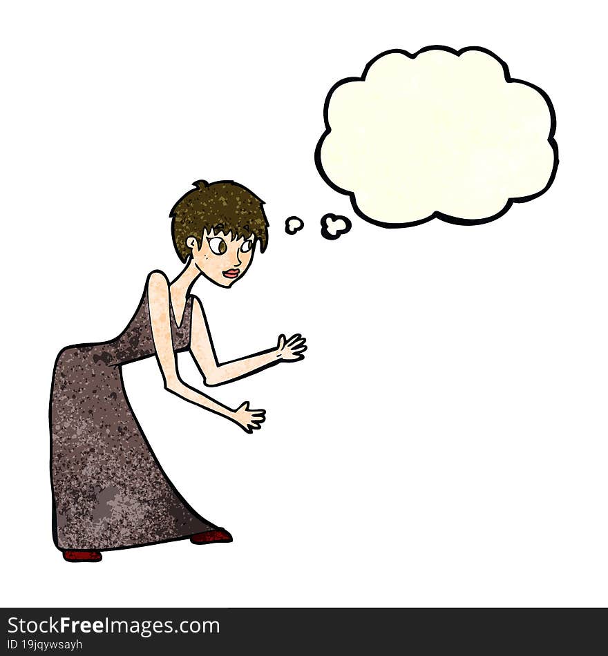 cartoon woman in dress gesturing with thought bubble