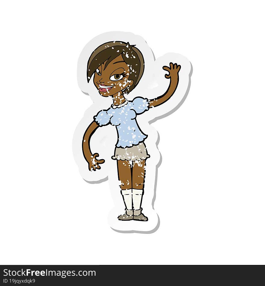 Retro Distressed Sticker Of A Cartoon Girl Waving