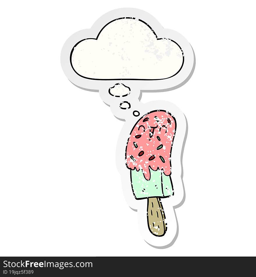 cartoon ice lolly with thought bubble as a distressed worn sticker