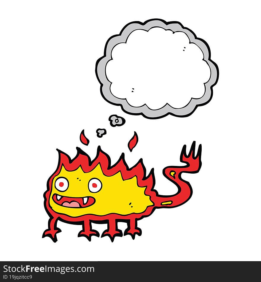 cartoon little fire demon with thought bubble