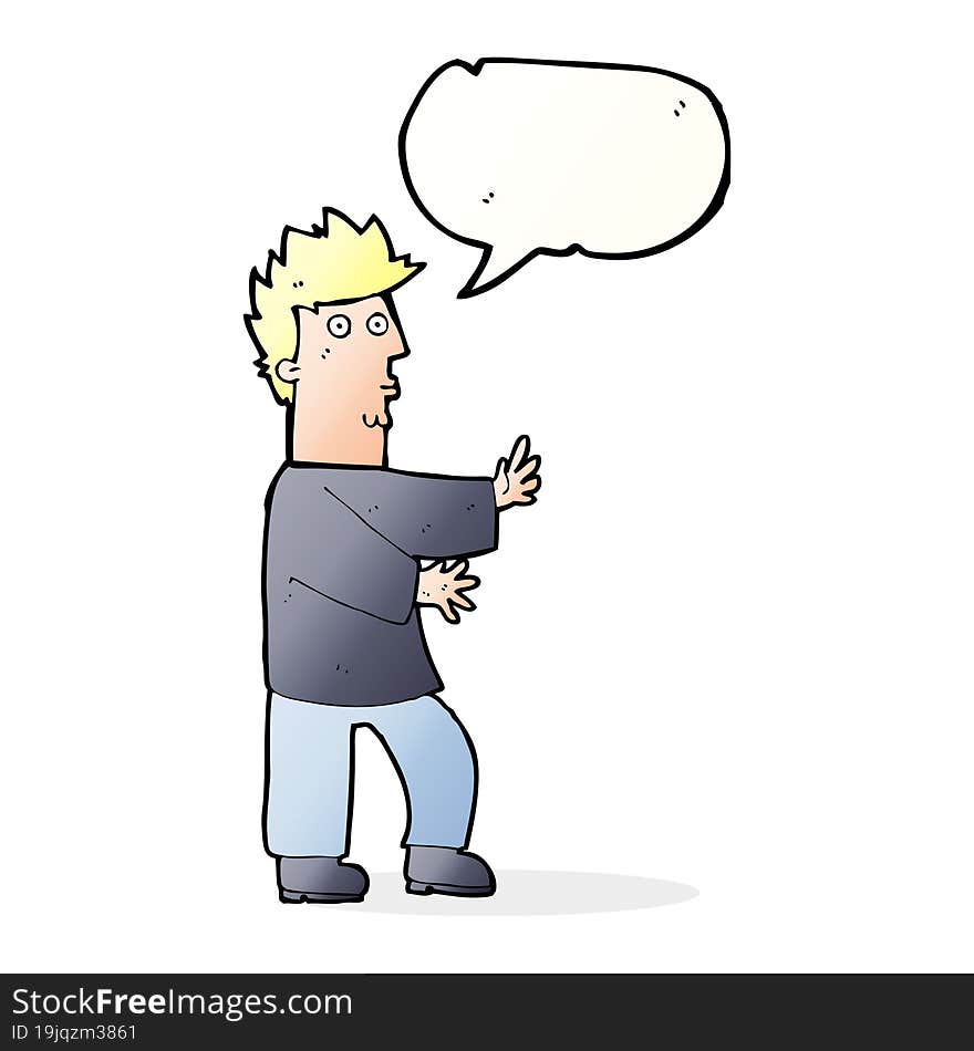 cartoon nervous man waving with speech bubble