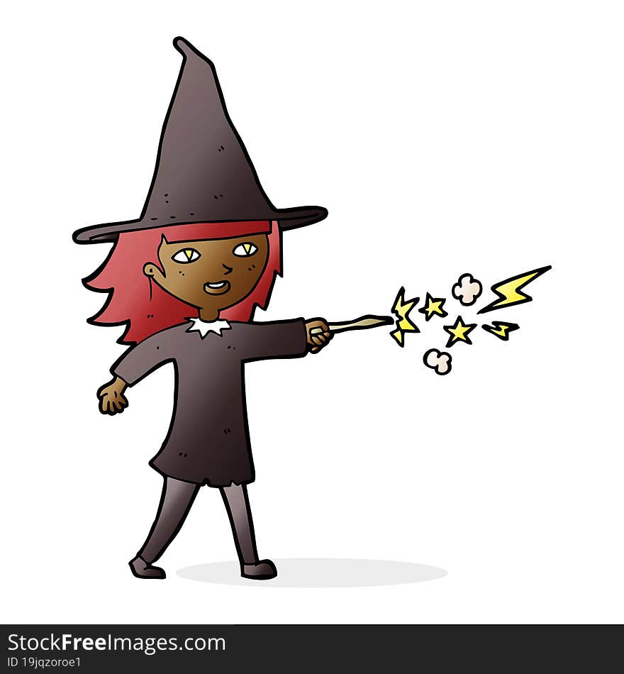 cartoon witch girl casting spell