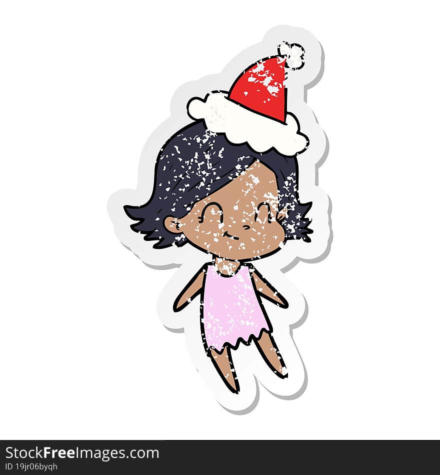 hand drawn distressed sticker cartoon of a friendly girl wearing santa hat