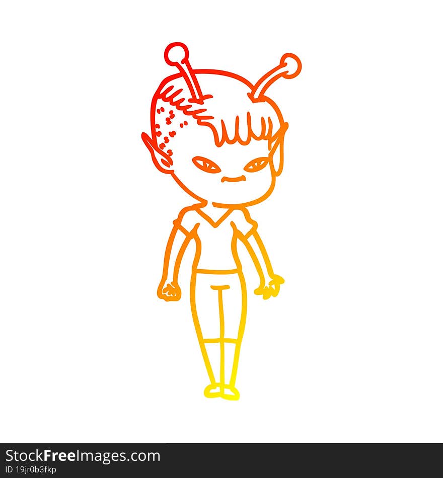 warm gradient line drawing of a cute cartoon alien girl