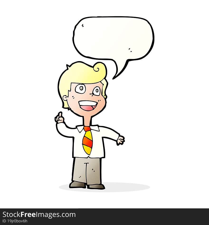 cartoon school boy raising hand with speech bubble