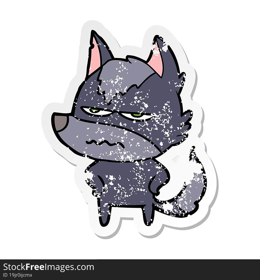 Distressed Sticker Of A Cartoon Annoyed Wolf