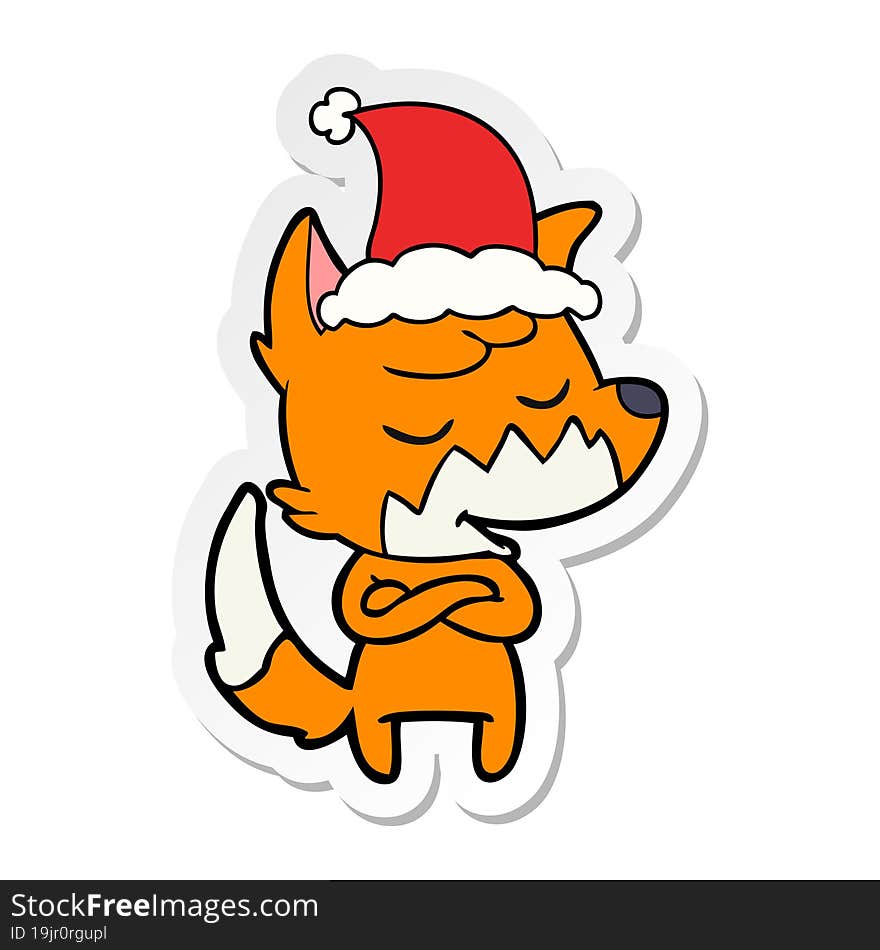 friendly hand drawn sticker cartoon of a fox wearing santa hat. friendly hand drawn sticker cartoon of a fox wearing santa hat