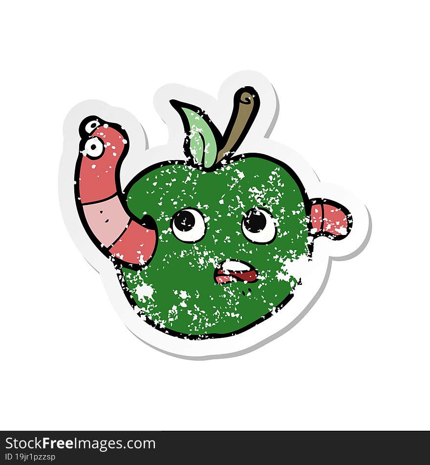 retro distressed sticker of a cartooon worm in apple