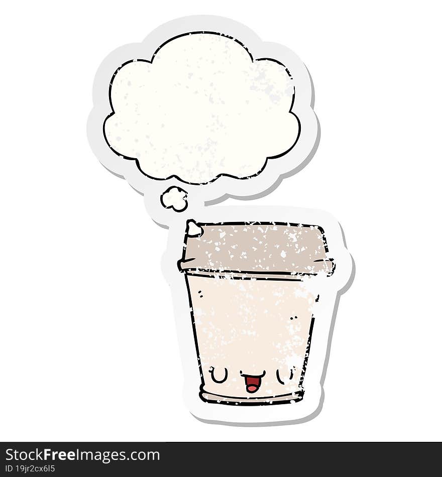 cartoon coffee cup with thought bubble as a distressed worn sticker