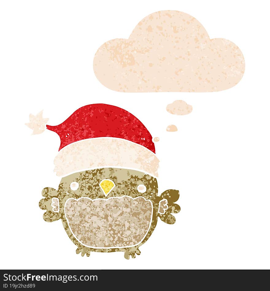 cute christmas owl and thought bubble in retro textured style