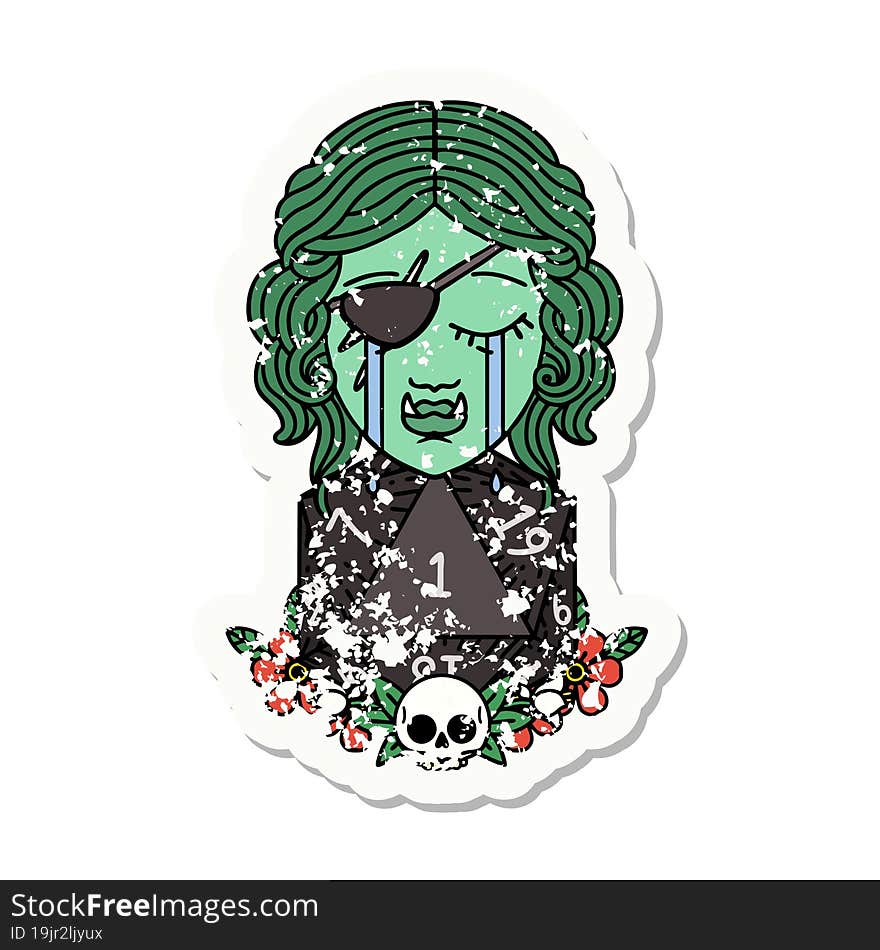 crying half orc rogue character with natural one D20 roll grunge sticker