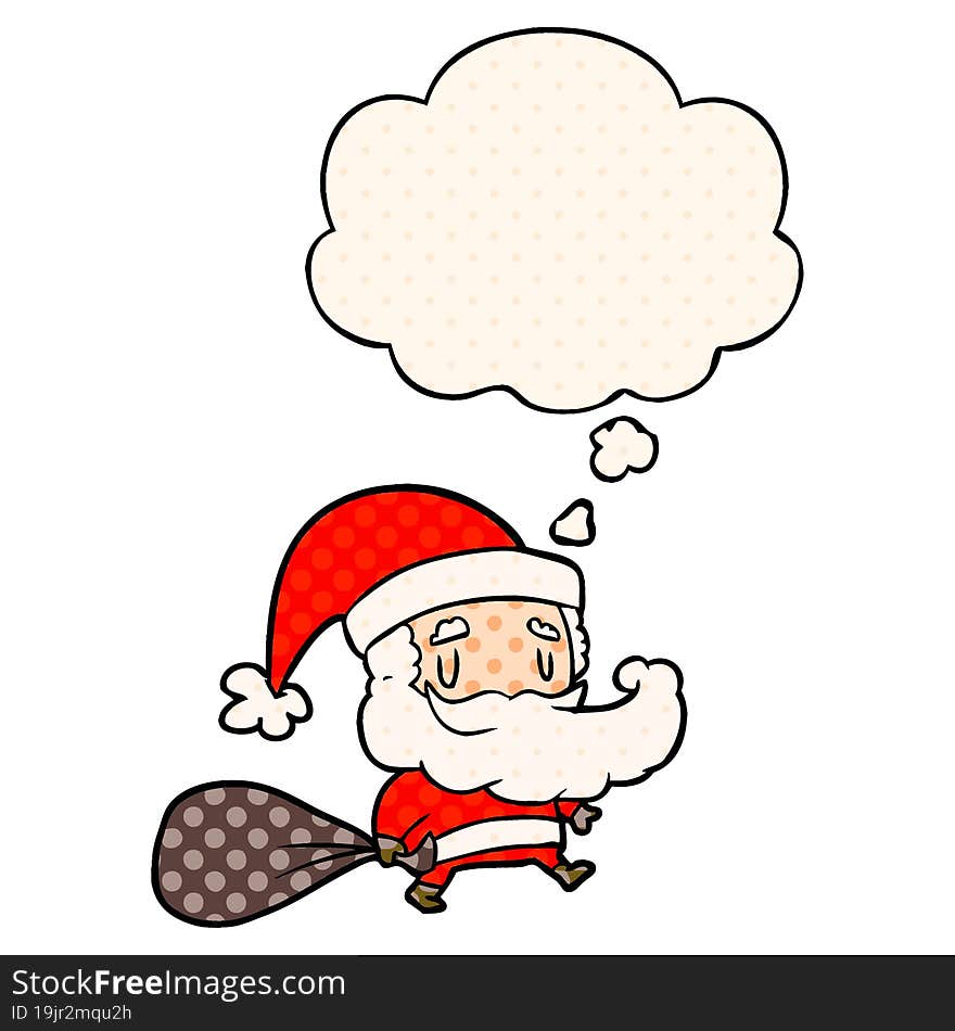 cartoon santa claus with sack and thought bubble in comic book style