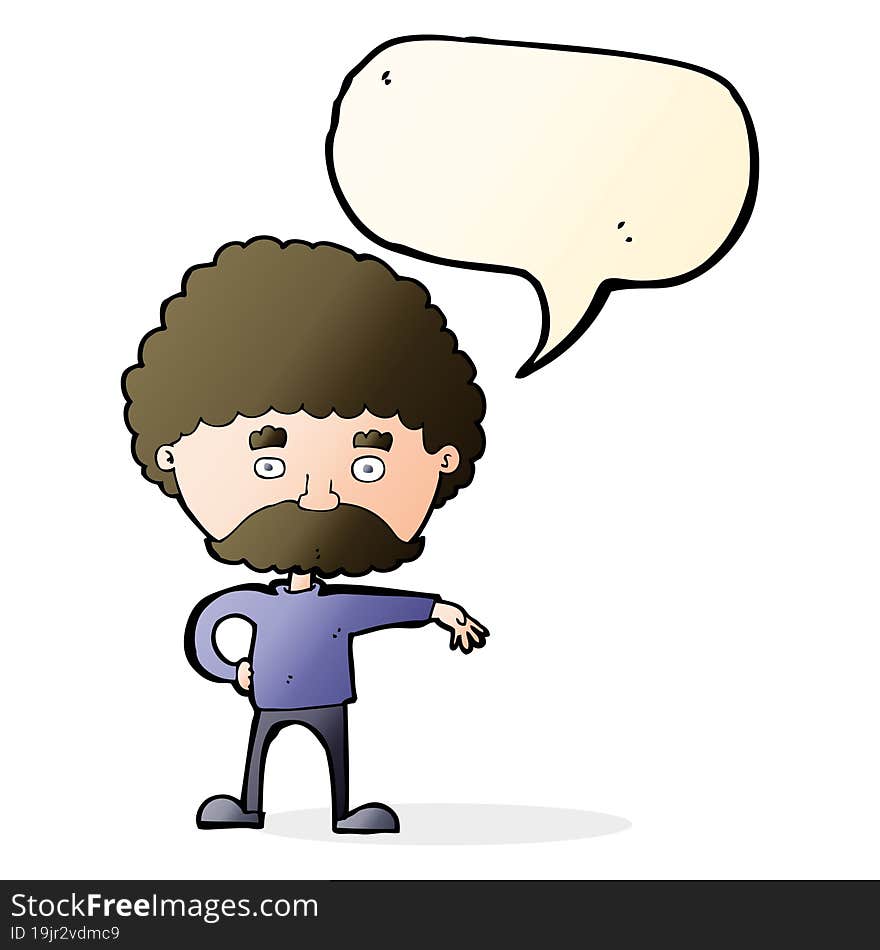 cartoon man with mustache making camp gesture with speech bubble