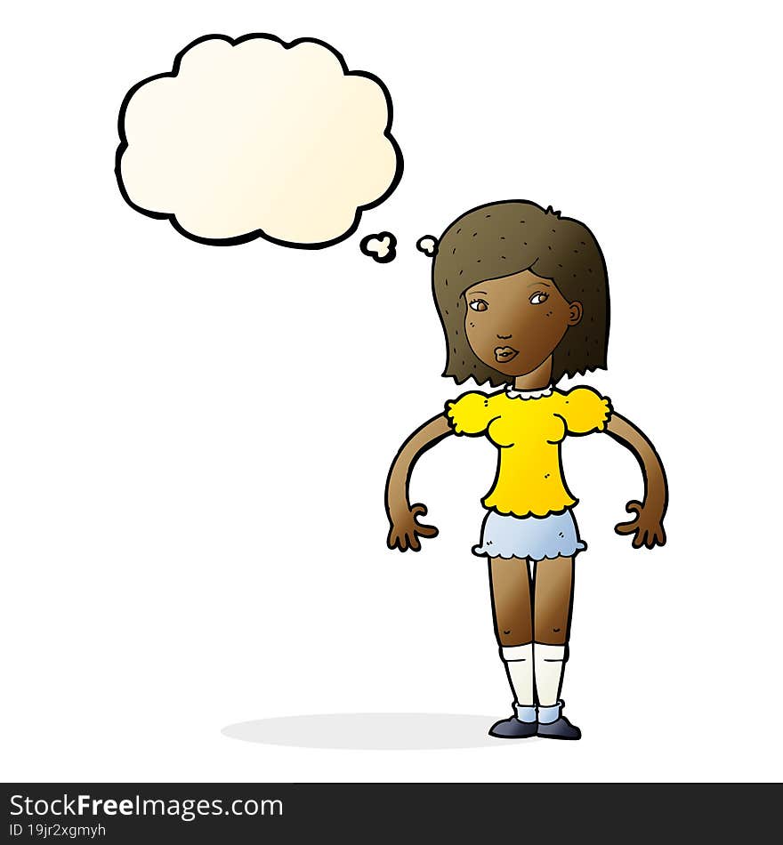 cartoon woman looking sideways with thought bubble