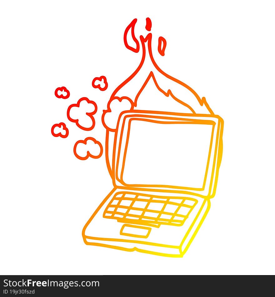 warm gradient line drawing of a cartoon broken laptop computer