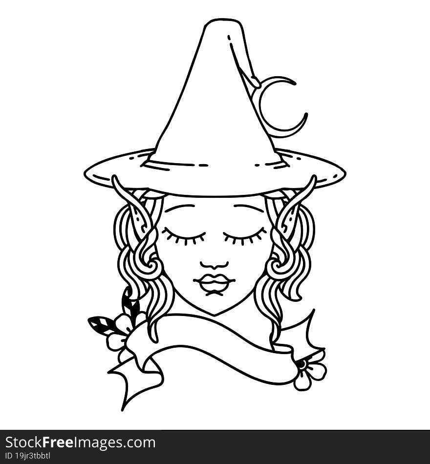 Black and White Tattoo linework Style elf mage character face. Black and White Tattoo linework Style elf mage character face