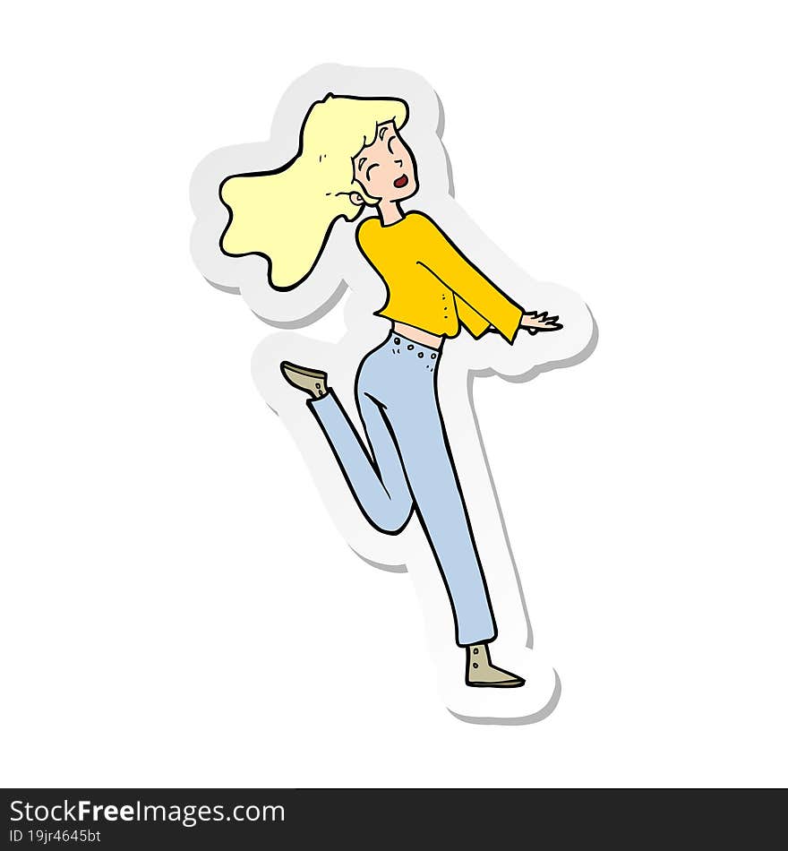 sticker of a cartoon happy girl kicking out leg