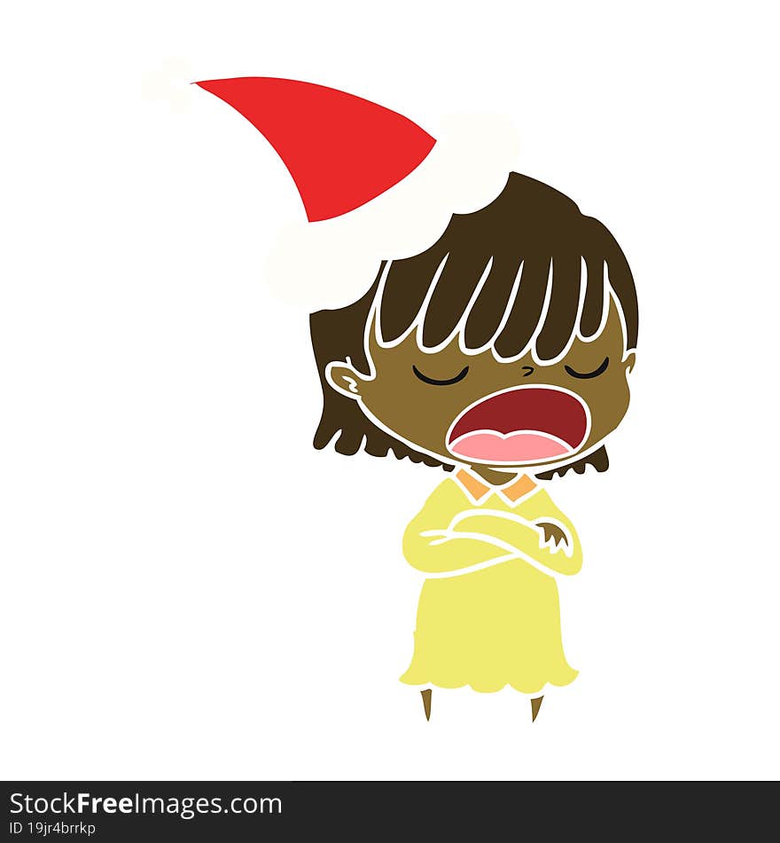 flat color illustration of a woman talking loudly wearing santa hat