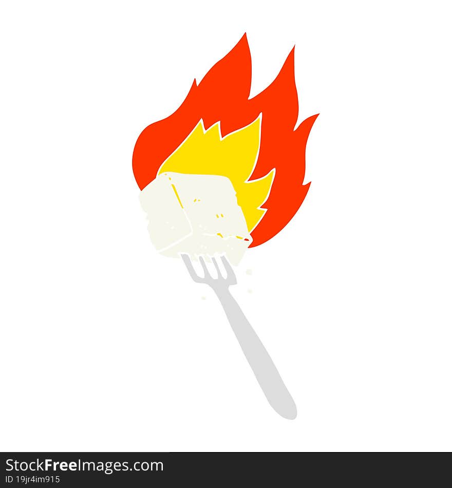 flat color illustration of a cartoon flaming tofu on fork