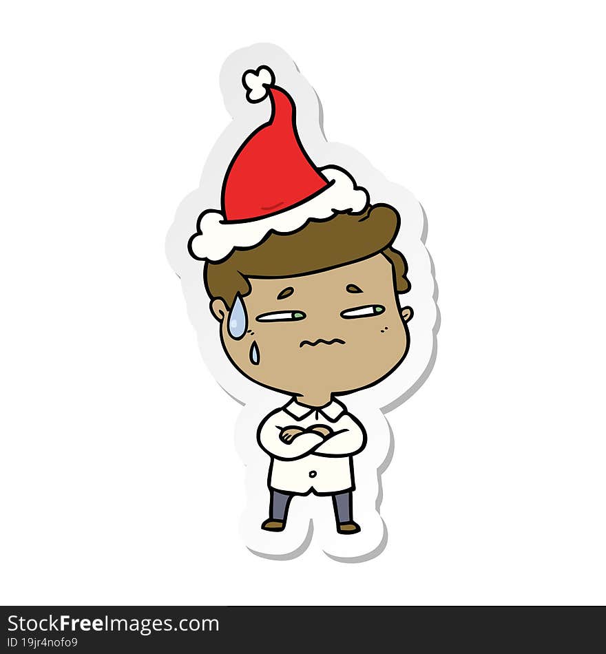 sticker cartoon of a anxious man wearing santa hat