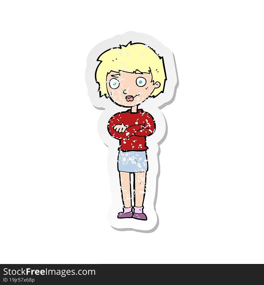 retro distressed sticker of a cartoon annoyed woman