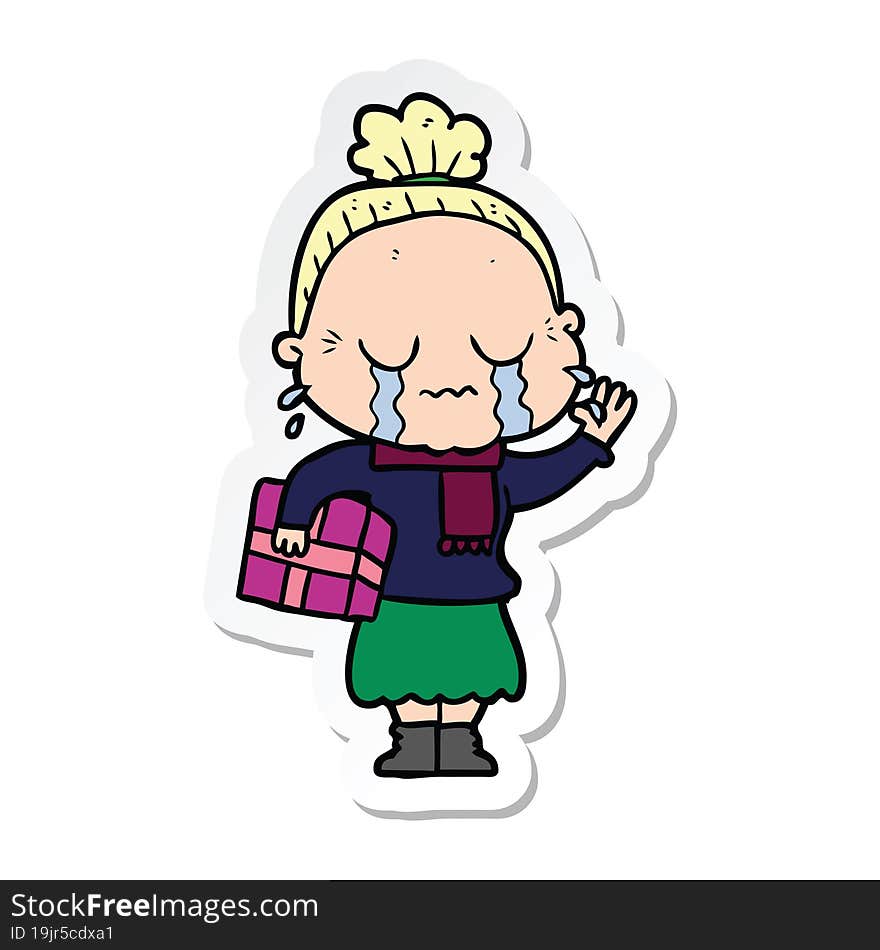 Sticker Of A Cartoon Crying Old Lady