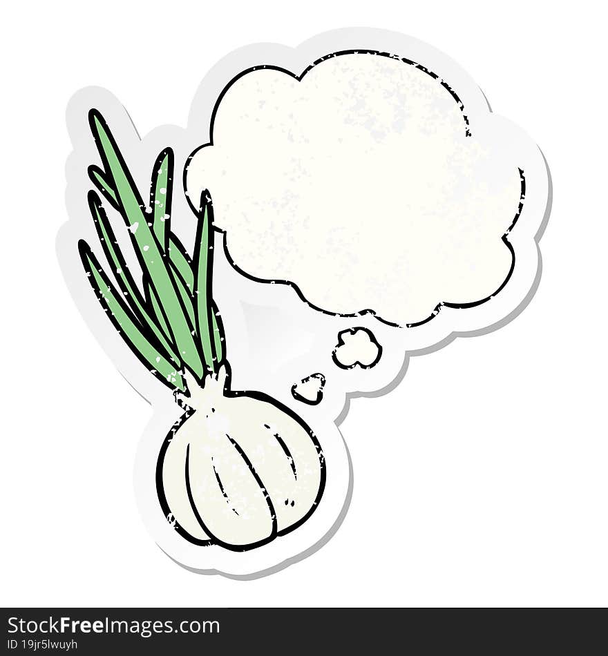 cartoon garlic and thought bubble as a distressed worn sticker