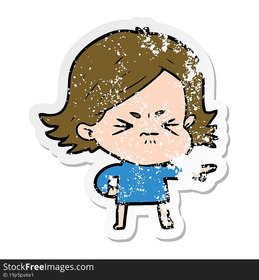 distressed sticker of a cartoon angry girl