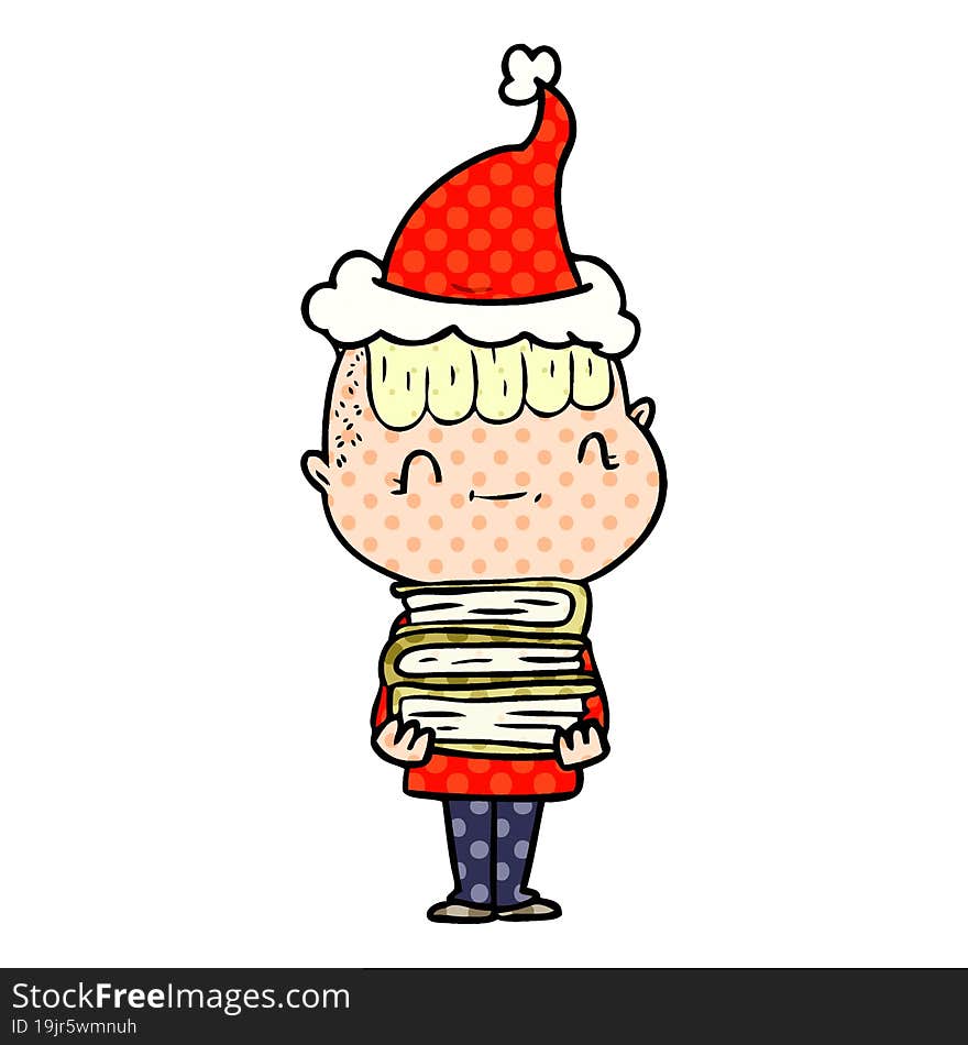 comic book style illustration of a friendly boy with books wearing santa hat